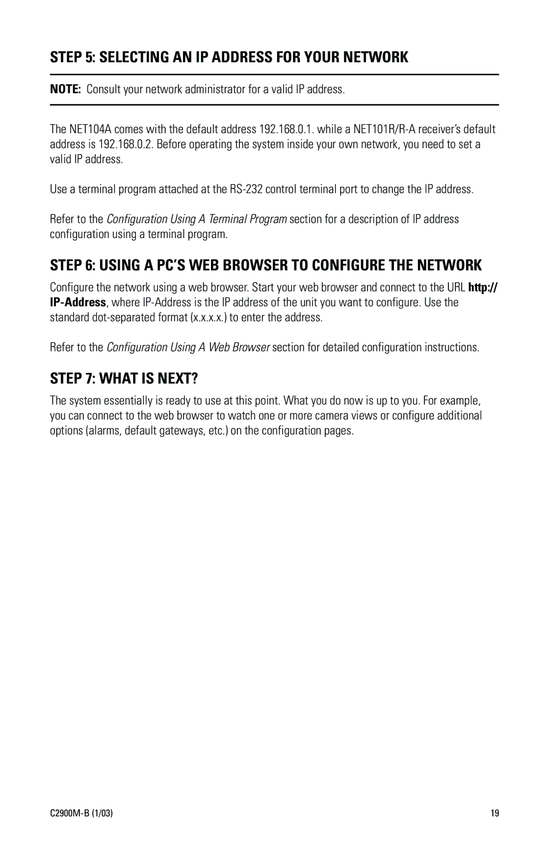 Pelco C2900M-B(1/03 manual Selecting AN IP Address for Your Network, What is NEXT? 