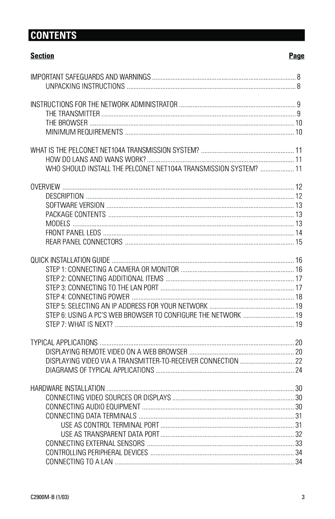 Pelco C2900M-B(1/03 manual Contents 