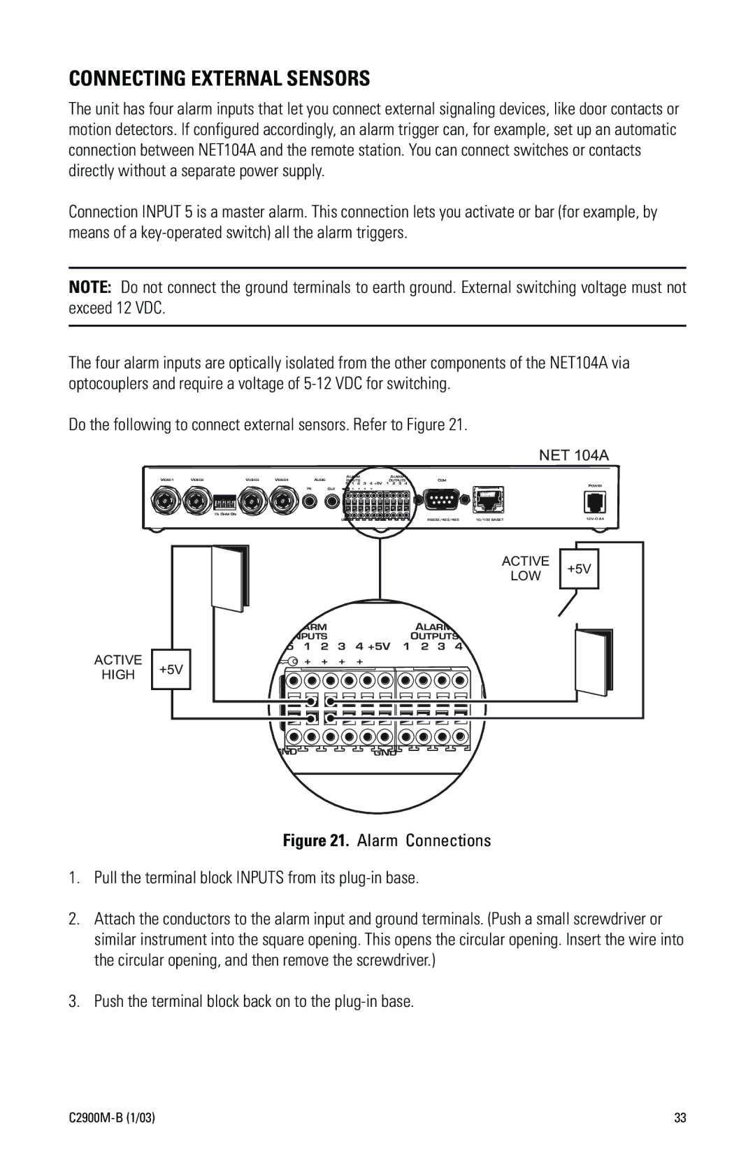 Pelco C2900M-B(1/03 manual Connecting External Sensors, Push the terminal block back on to the plug-in base, NET 104A 