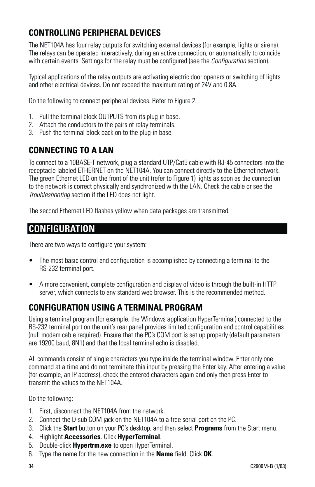 Pelco C2900M-B(1/03 manual Configuration, Controlling Peripheral Devices, Connecting to a LAN 