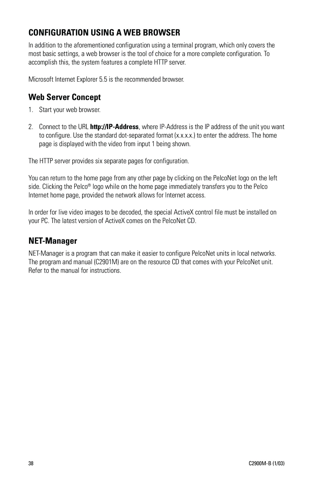 Pelco C2900M-B(1/03 manual Configuration Using a WEB Browser, Web Server Concept, NET-Manager 