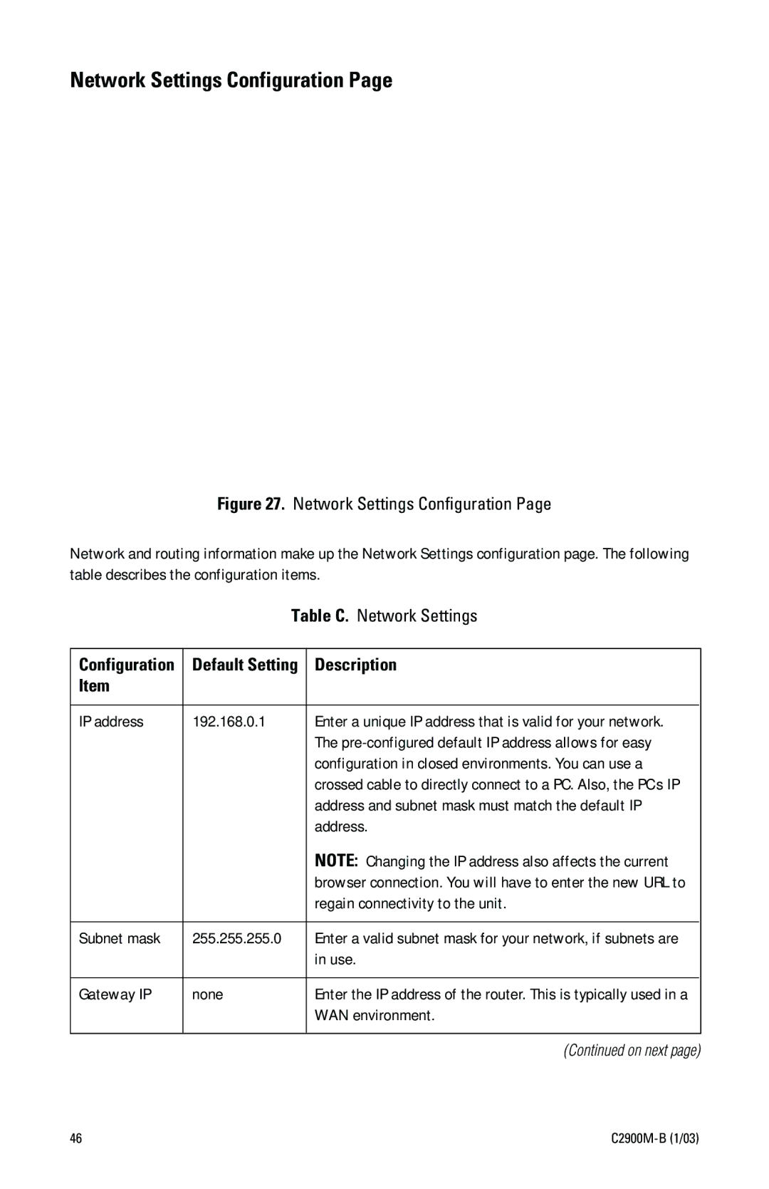 Pelco C2900M-B(1/03 manual Network Settings Configuration 