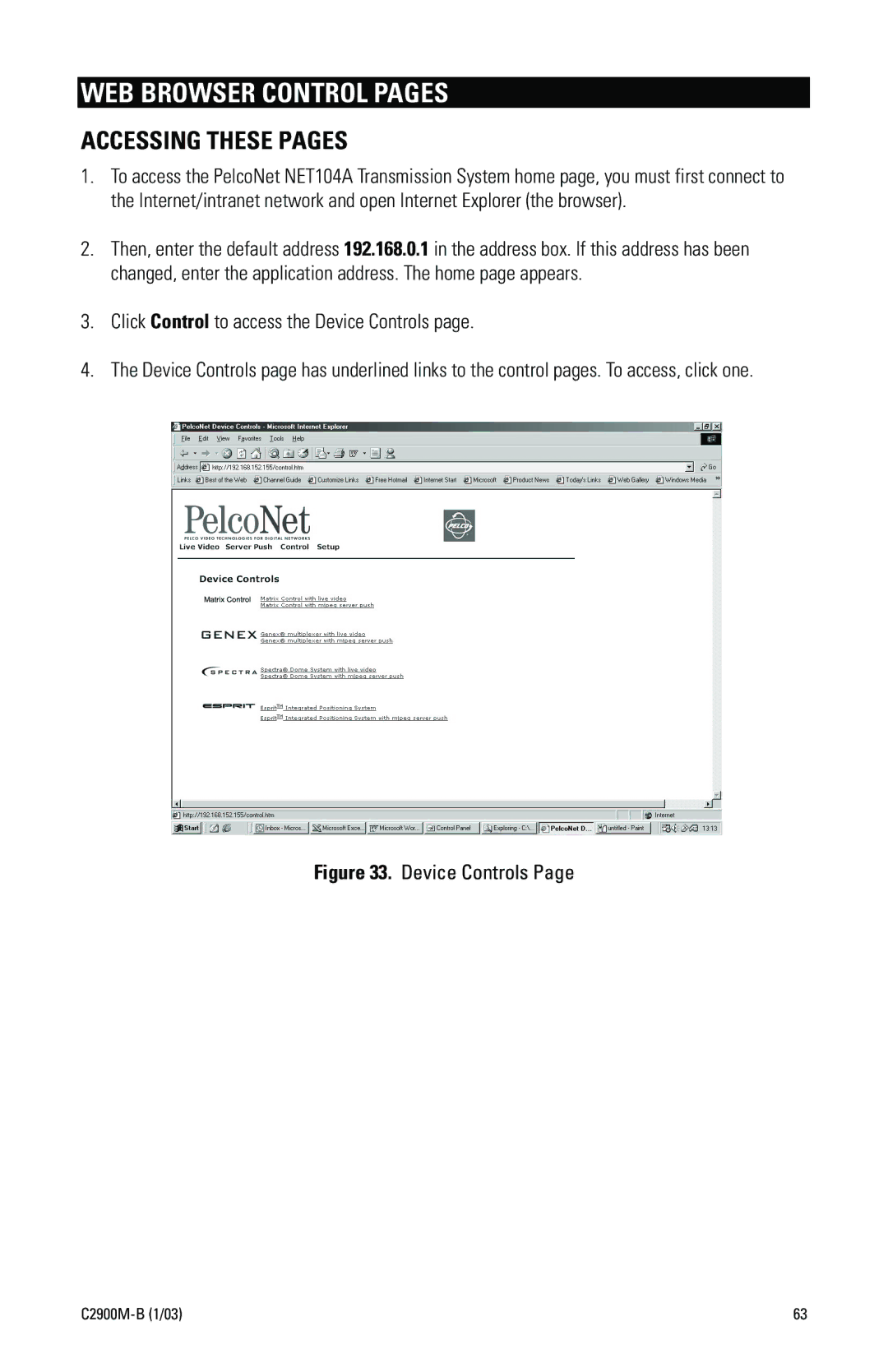 Pelco C2900M-B(1/03 manual WEB Browser Control Pages, Accessing These Pages, Click Control to access the Device Controls 