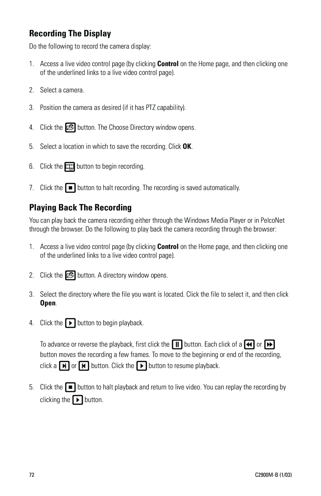 Pelco C2900M-B(1/03 manual Recording The Display, Playing Back The Recording, Clicking the button 