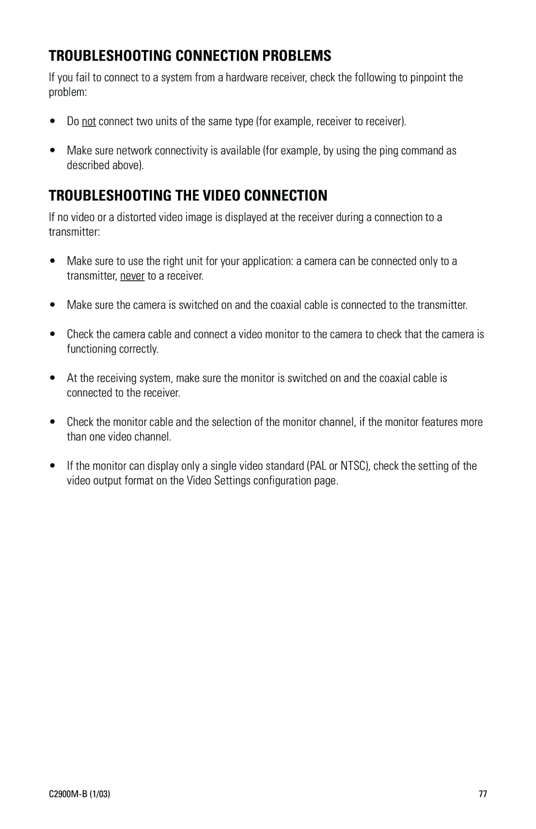 Pelco C2900M-B(1/03 manual Troubleshooting Connection Problems, Troubleshooting the Video Connection 