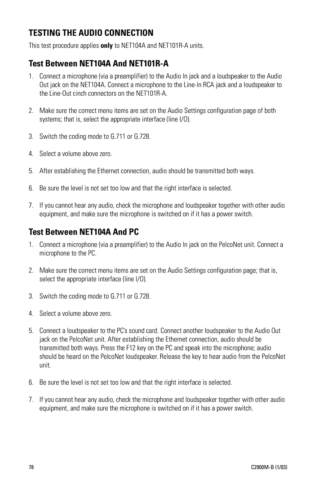 Pelco C2900M-B(1/03 manual Testing the Audio Connection, Test Between NET104A And NET101R-A, Test Between NET104A And PC 
