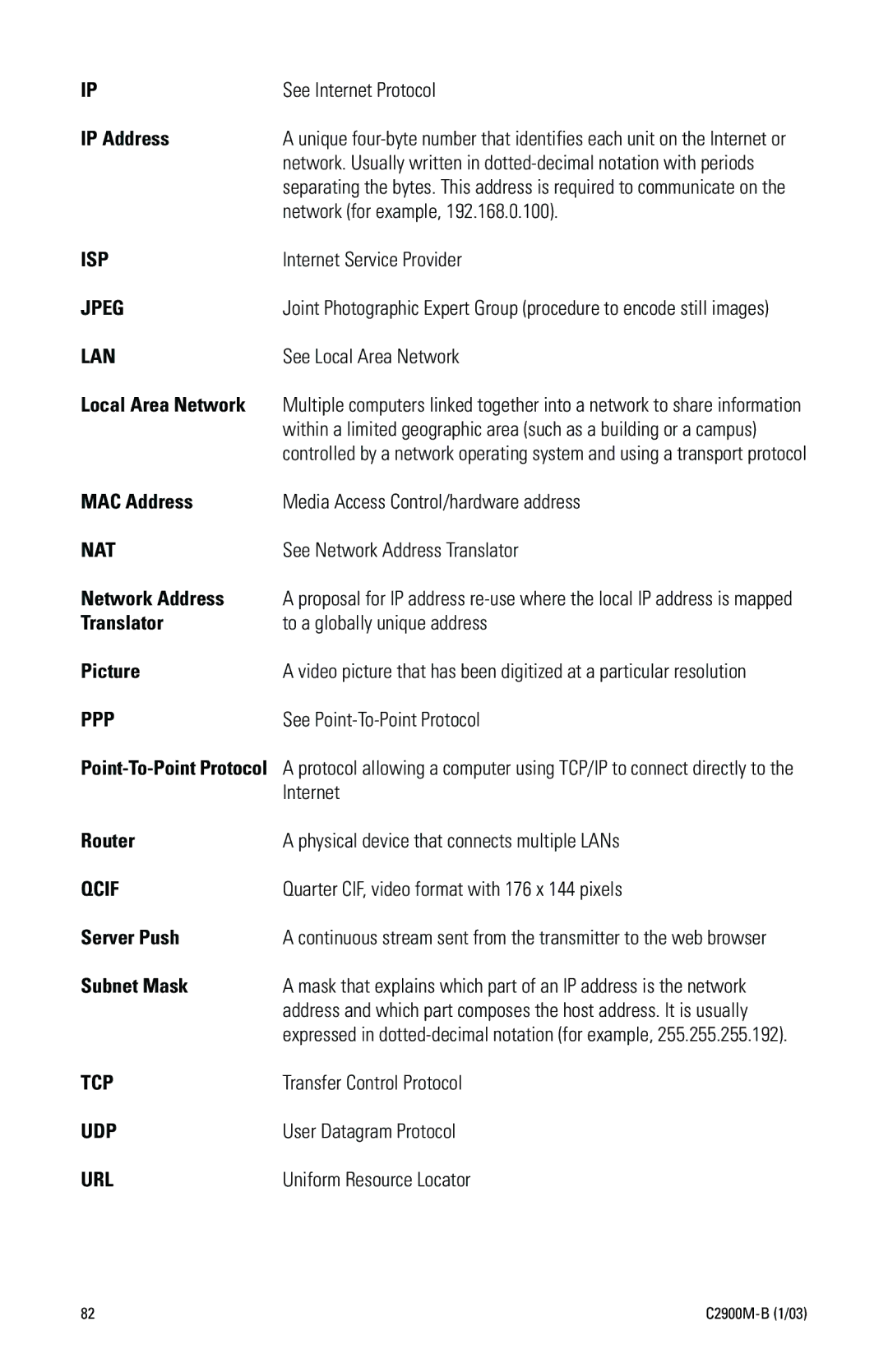 Pelco C2900M-B(1/03 See Internet Protocol, IP Address, Network for example, Internet Service Provider, Local Area Network 