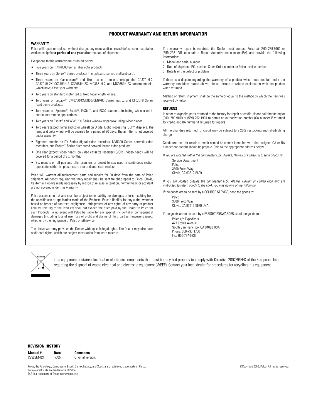 Pelco C2928M-QS (7/05) quick start Product Warranty and Return Information 