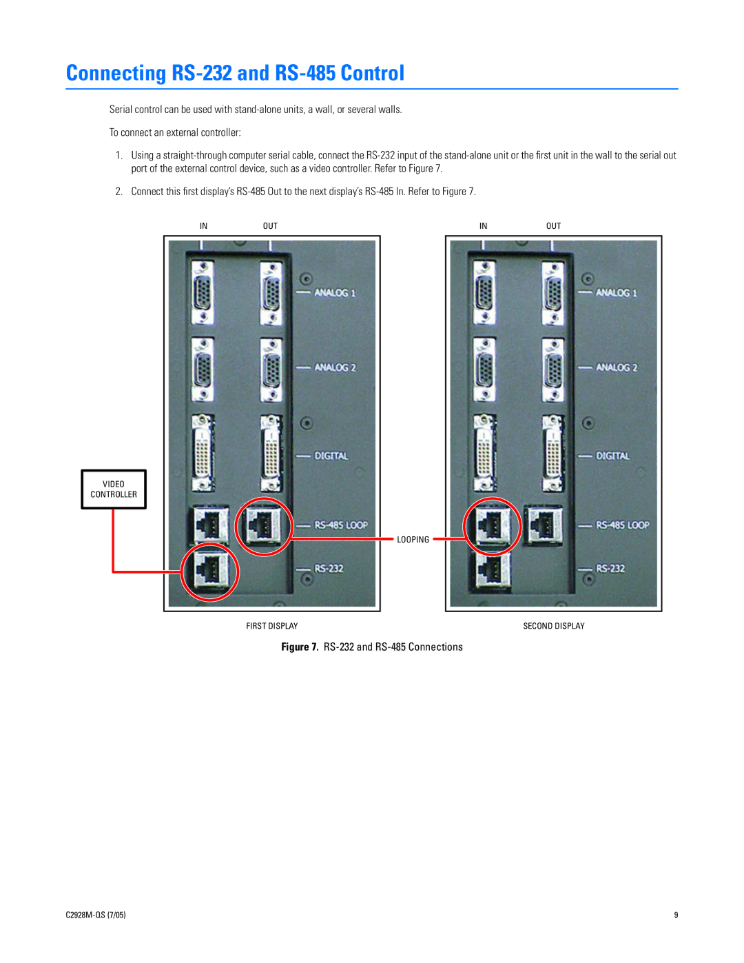 Pelco C2928M-QS (7/05) quick start Connecting RS-232 and RS-485 Control, RS-232 and RS-485 Connections 