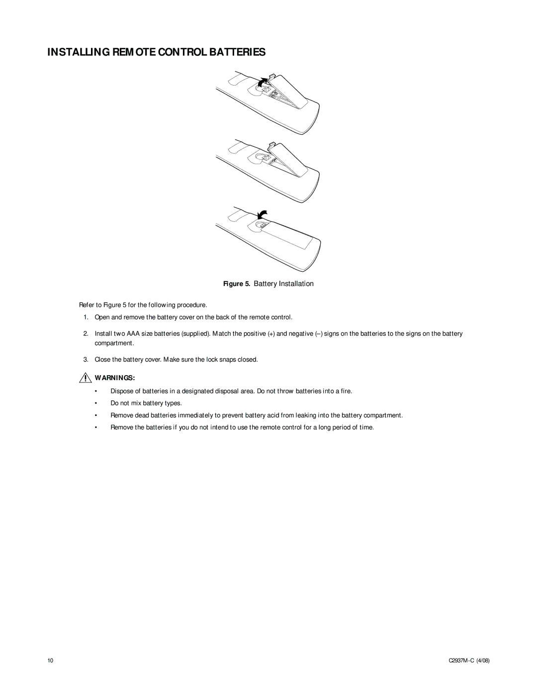 Pelco C2937M-C manual Installing Remote Control Batteries 