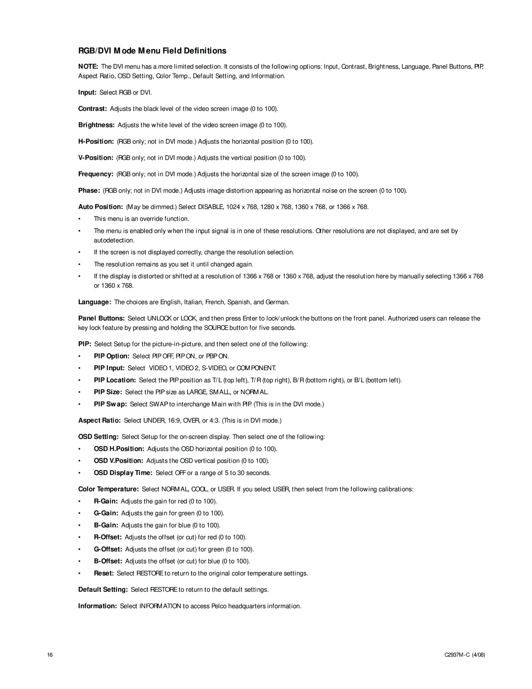 Pelco C2937M-C manual RGB/DVI Mode Menu Field Definitions 