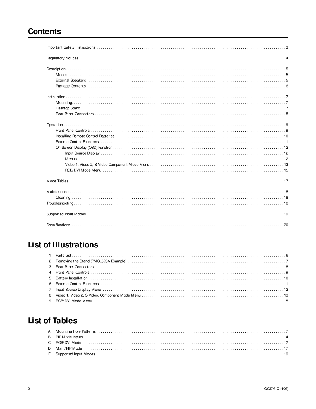 Pelco C2937M-C manual Contents, List of Illustrations, List of Tables 