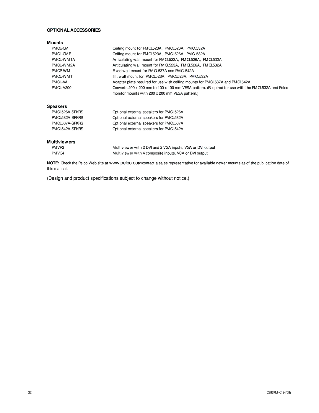 Pelco C2937M-C manual Optional Accessories, Mounts 