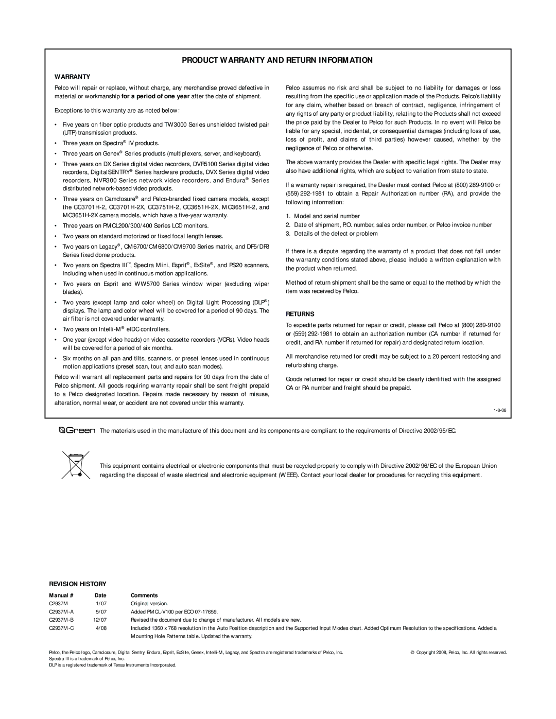 Pelco C2937M-C manual Product Warranty and Return Information 