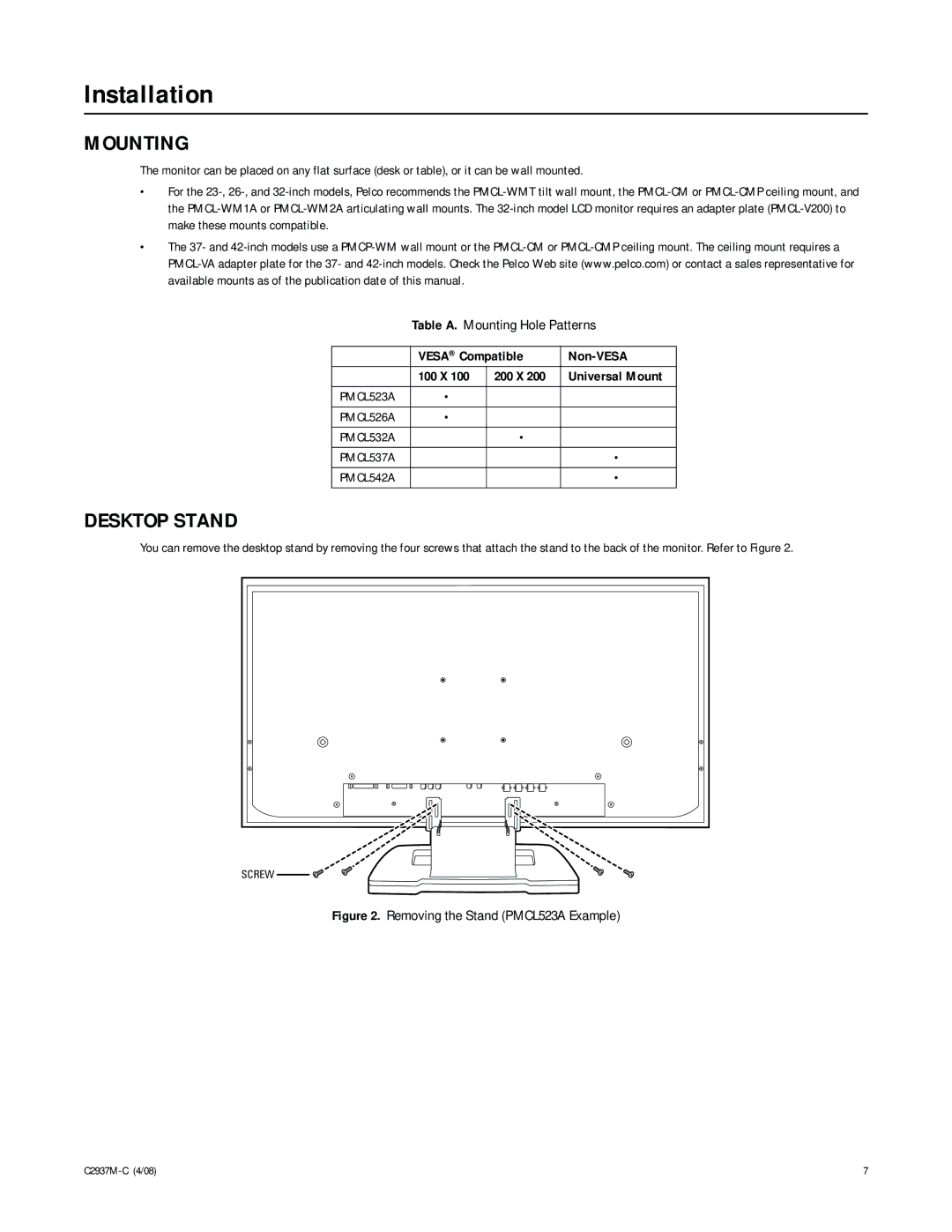 Pelco C2937M-C manual Installation, Mounting, Desktop Stand, Vesa Compatible Non-VESA 100 X 200 X Universal Mount 