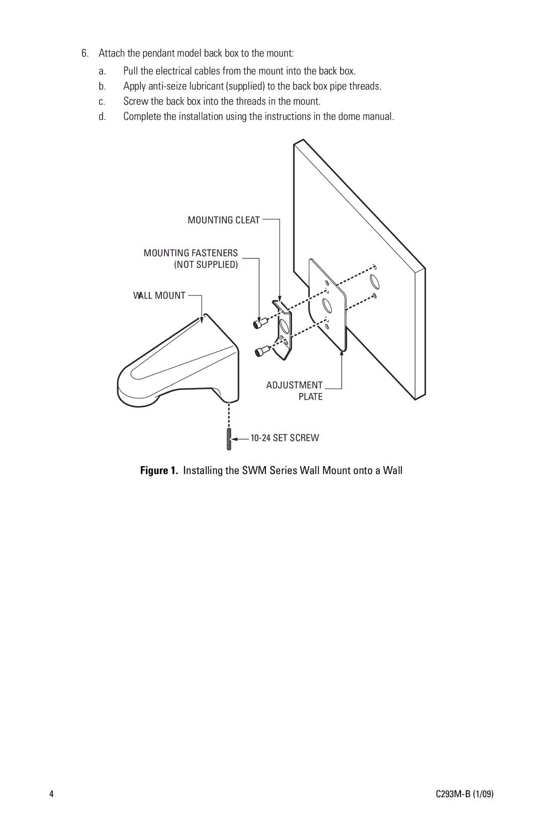 Pelco C293M-B (1/09) manual Installing the SWM Series Wall Mount onto a Wall, SET Screw 