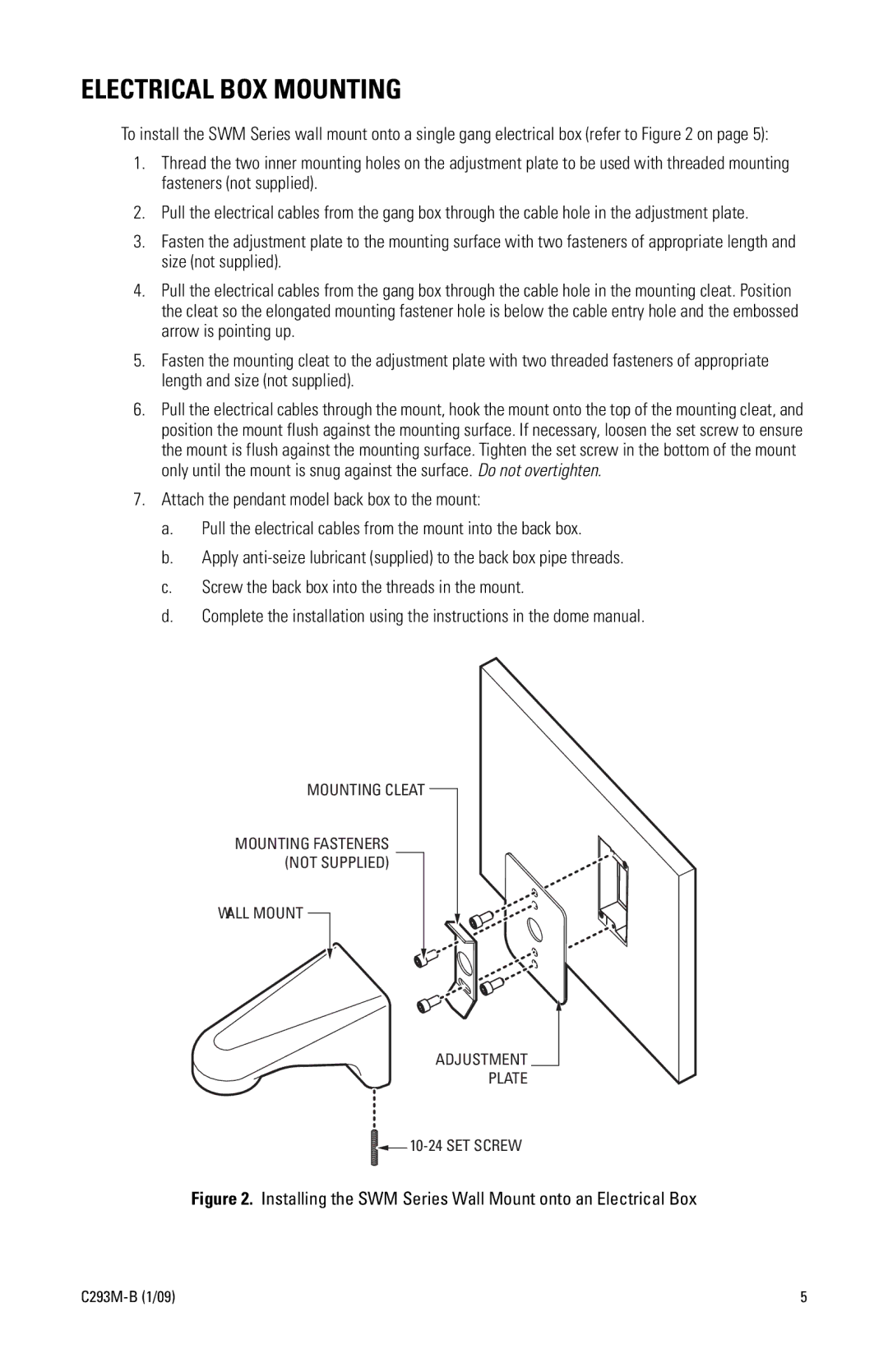 Pelco C293M-B (1/09) manual Electrical BOX Mounting, Installing the SWM Series Wall Mount onto an Electrical Box 