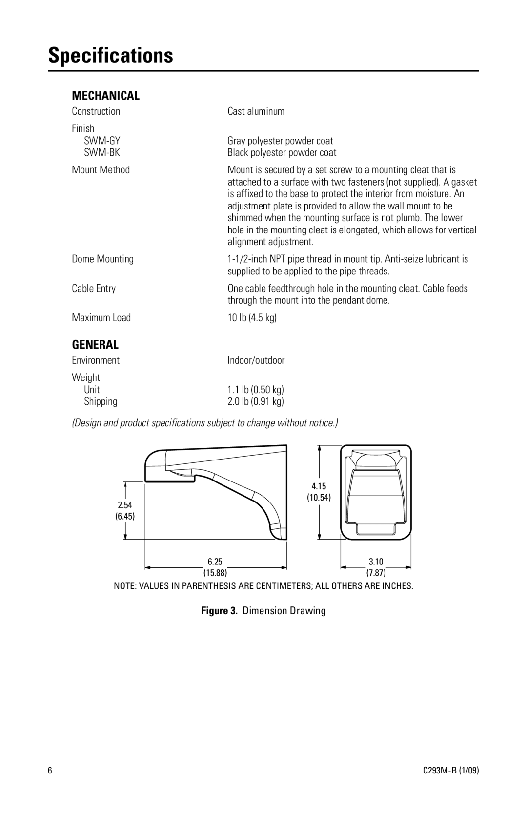 Pelco C293M-B (1/09) manual Specifications, Mechanical, General 