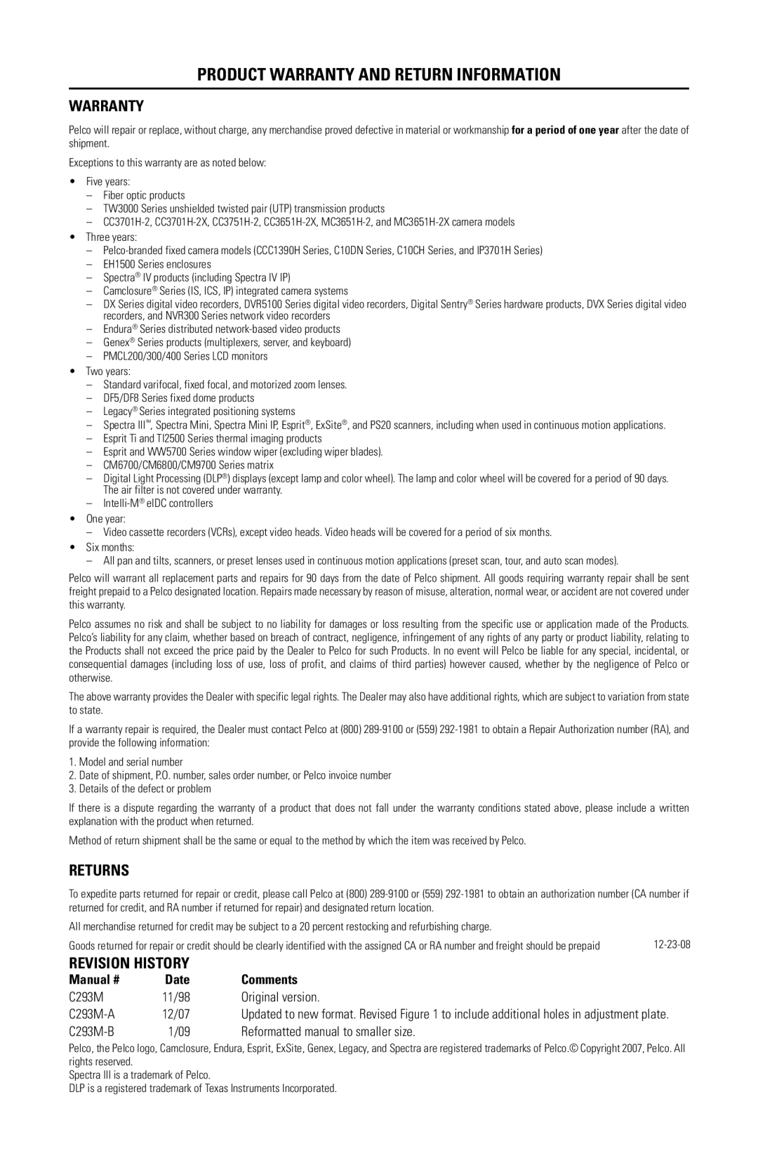 Pelco C293M-B (1/09) manual Product Warranty and Return Information, C293M 11/98 Original version C293M-A 12/07 