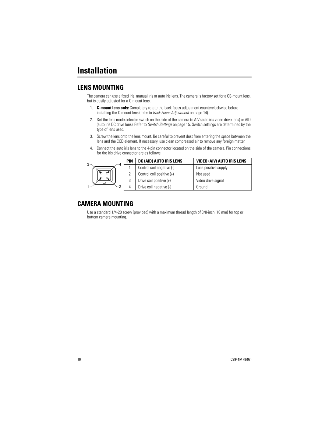 Pelco C2941M, IP3701H-2X manual Installation, Lens Mounting, Camera Mounting 