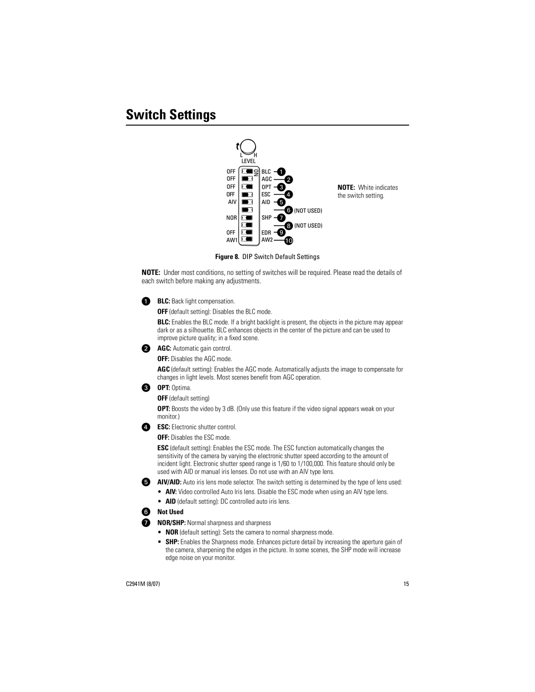 Pelco IP3701H-2X, C2941M manual Switch Settings, Not Used 