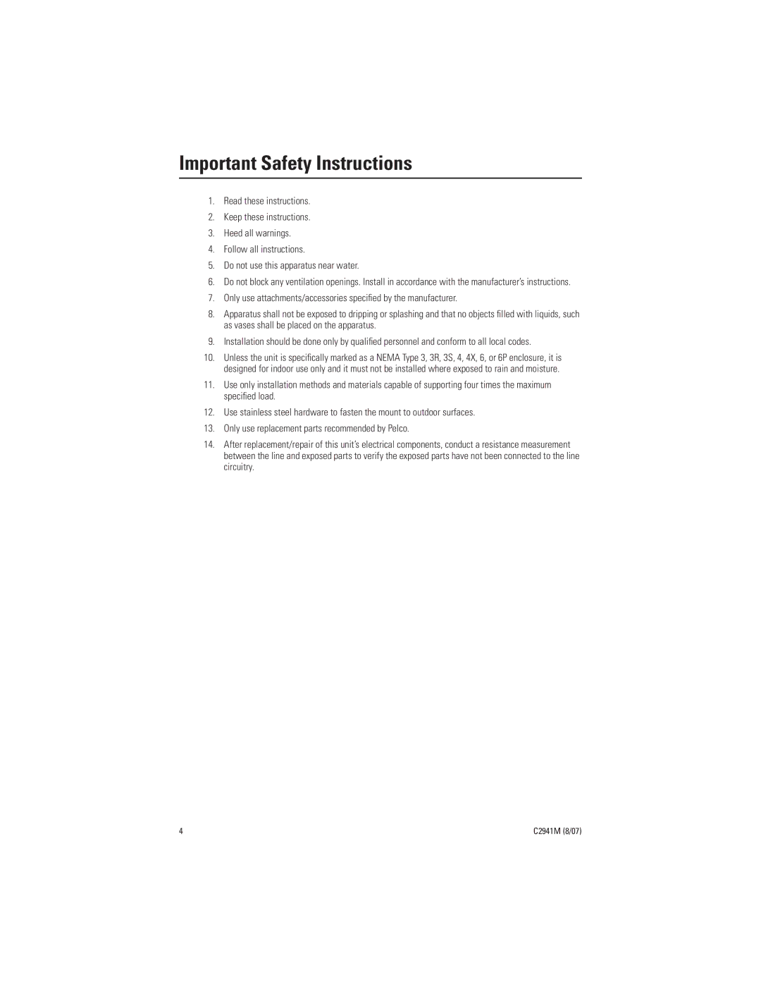 Pelco C2941M, IP3701H-2X manual Important Safety Instructions 