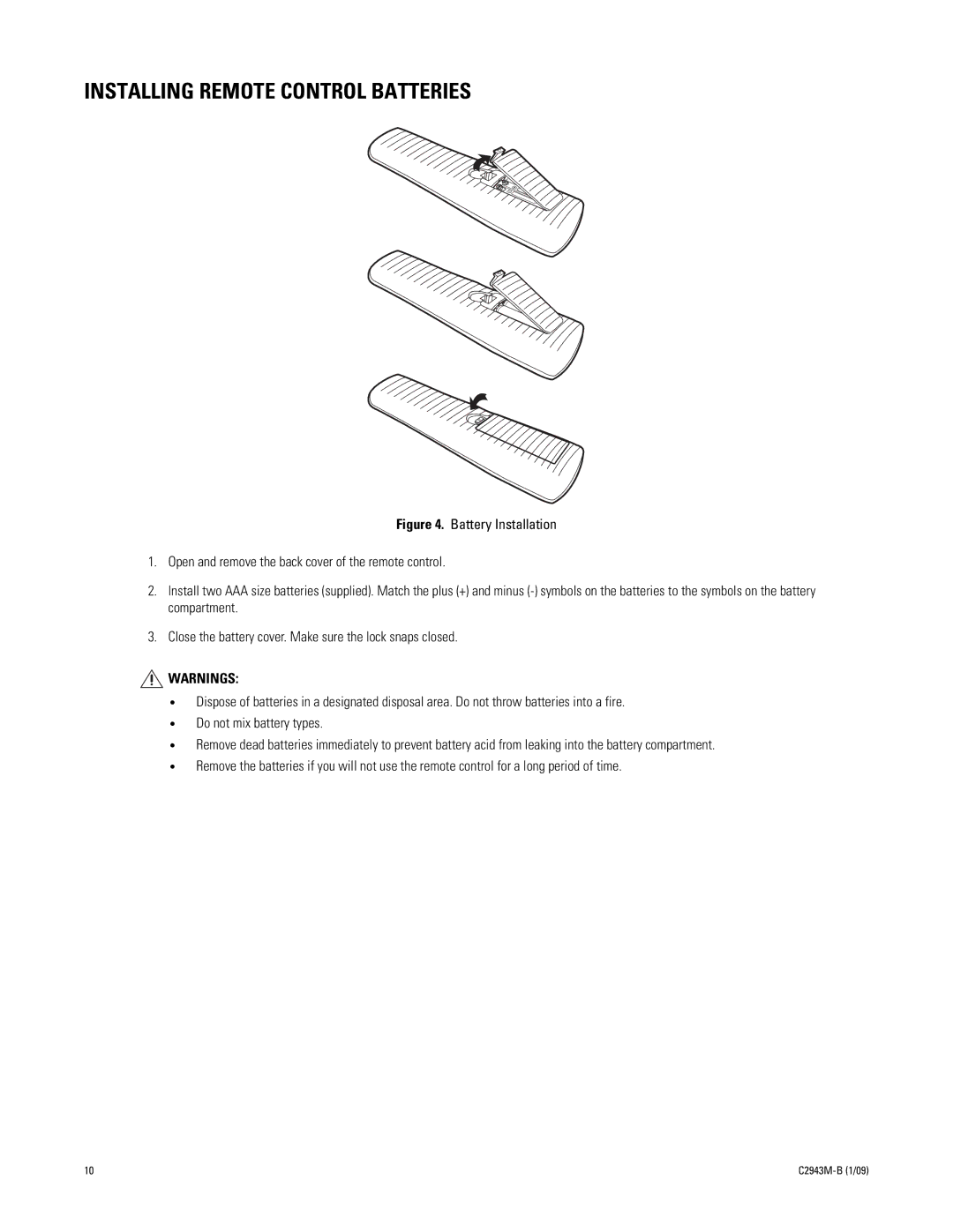 Pelco C2943M-B manual Installing Remote Control Batteries 