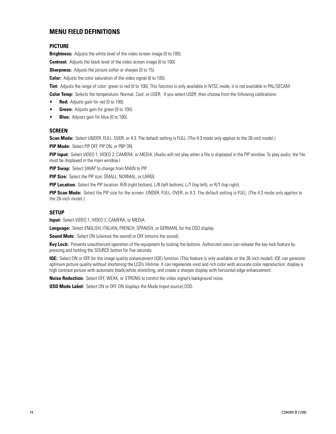 Pelco C2943M-B manual Menu Field Definitions, Picture 