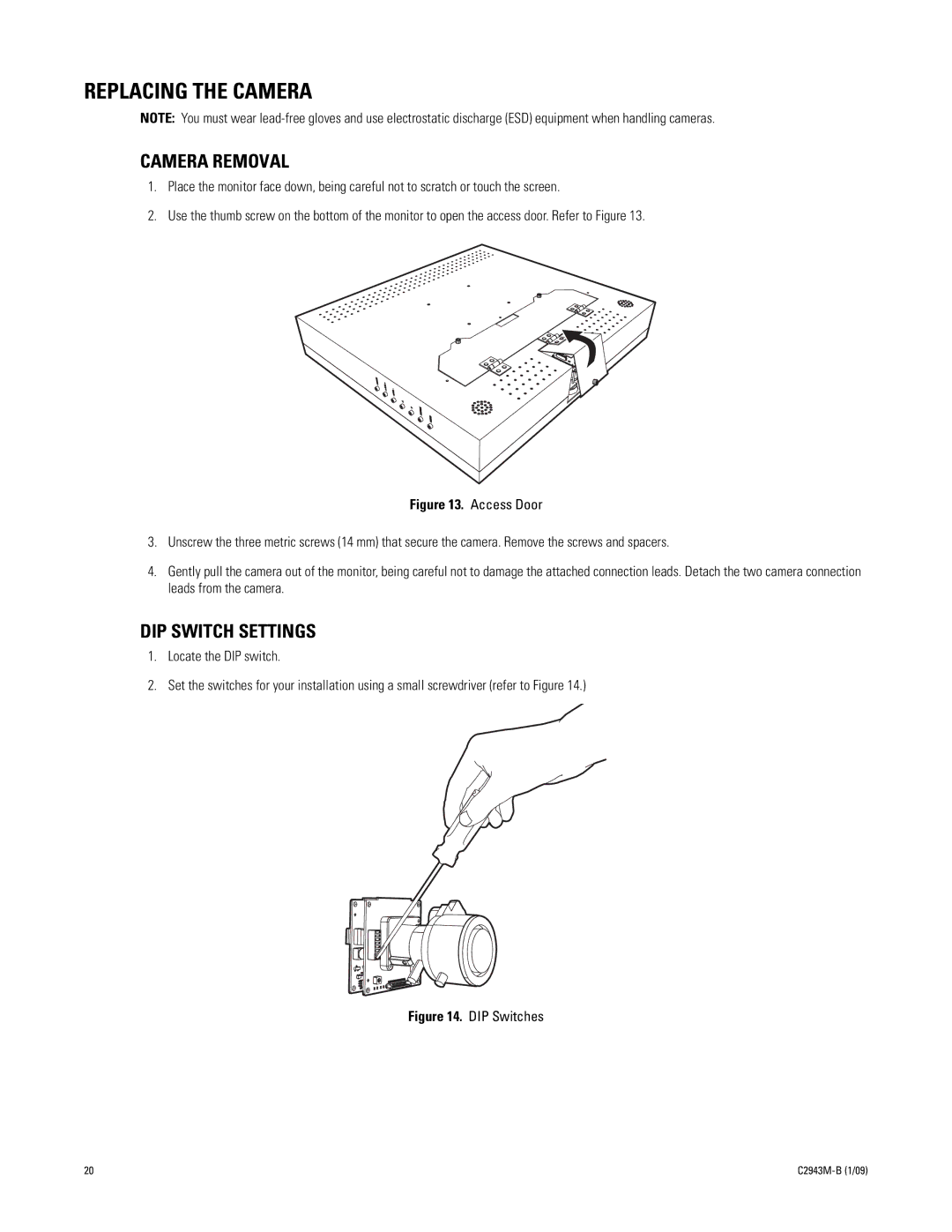 Pelco C2943M-B manual Replacing the Camera, Camera Removal, DIP Switch Settings 