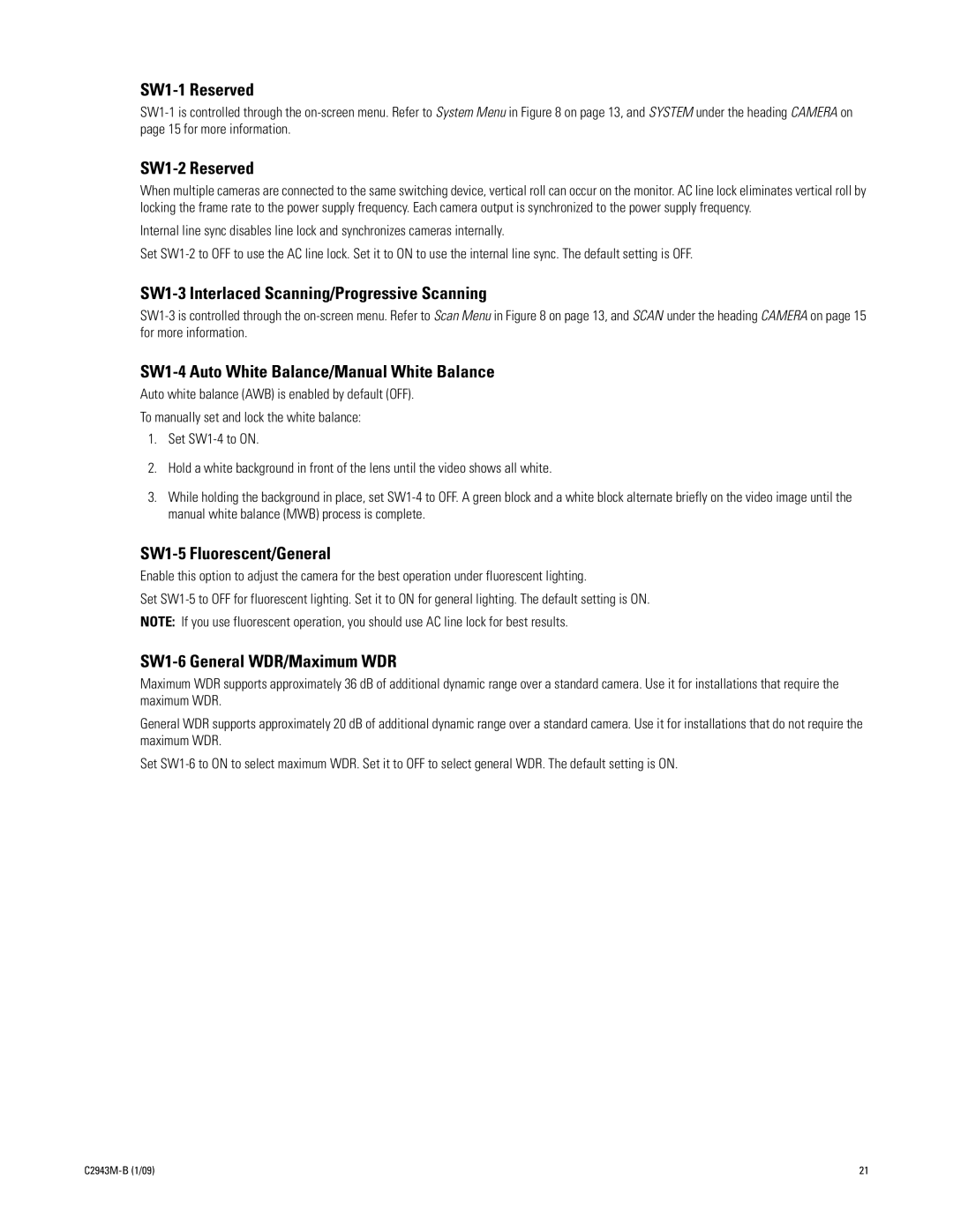 Pelco C2943M-B SW1-1 Reserved, SW1-2 Reserved, SW1-3 Interlaced Scanning/Progressive Scanning, SW1-5 Fluorescent/General 