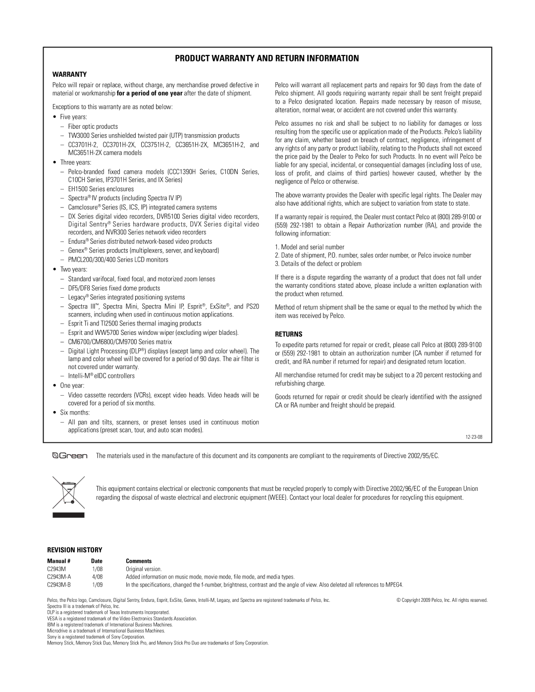 Pelco C2943M-B manual Product Warranty and Return Information 