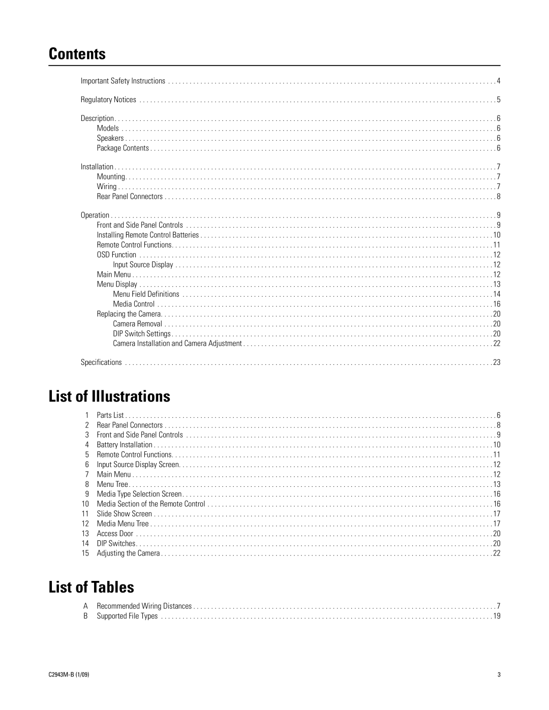 Pelco C2943M-B manual Contents, List of Illustrations, List of Tables 