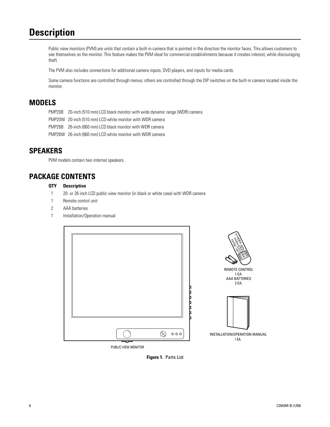 Pelco C2943M-B manual Description, Models, Speakers, Package Contents 