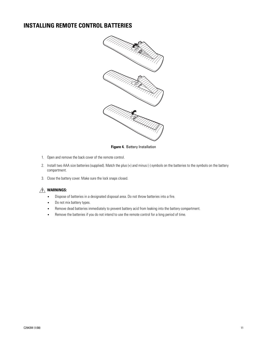 Pelco C2943M manual Installing Remote Control Batteries 