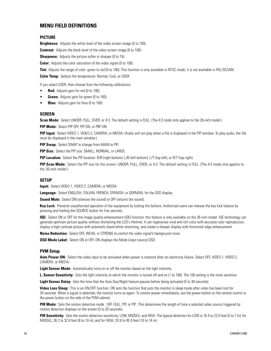 Pelco C2943M manual Menu Field Definitions, Picture 