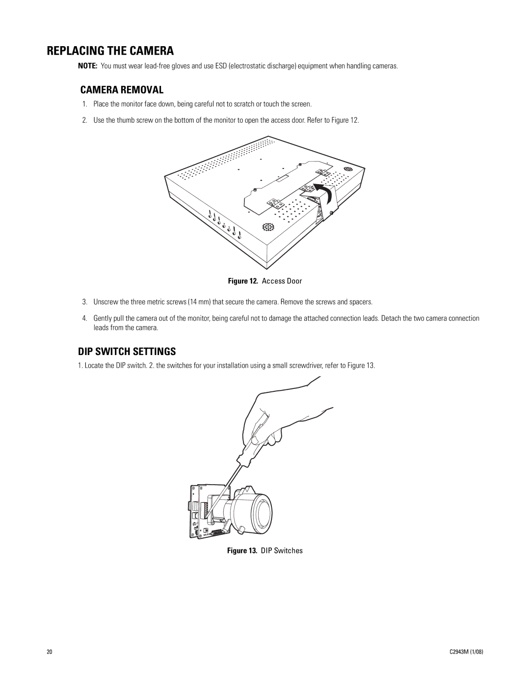 Pelco C2943M manual Replacing the Camera, Camera Removal, DIP Switch Settings 