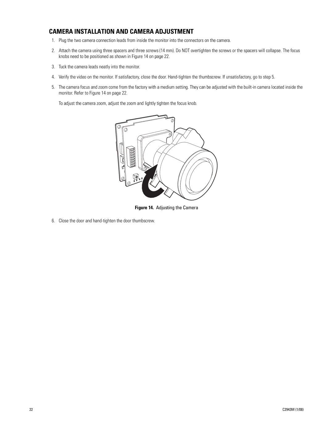 Pelco C2943M manual Camera Installation and Camera Adjustment 