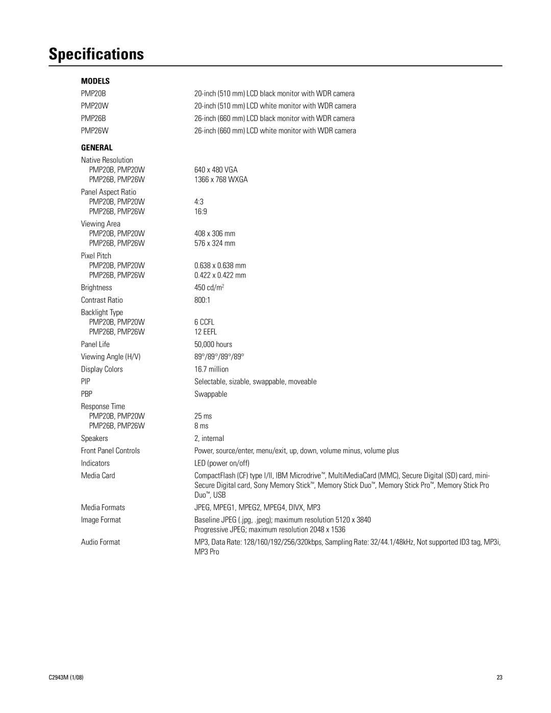 Pelco C2943M manual Specifications, Models 