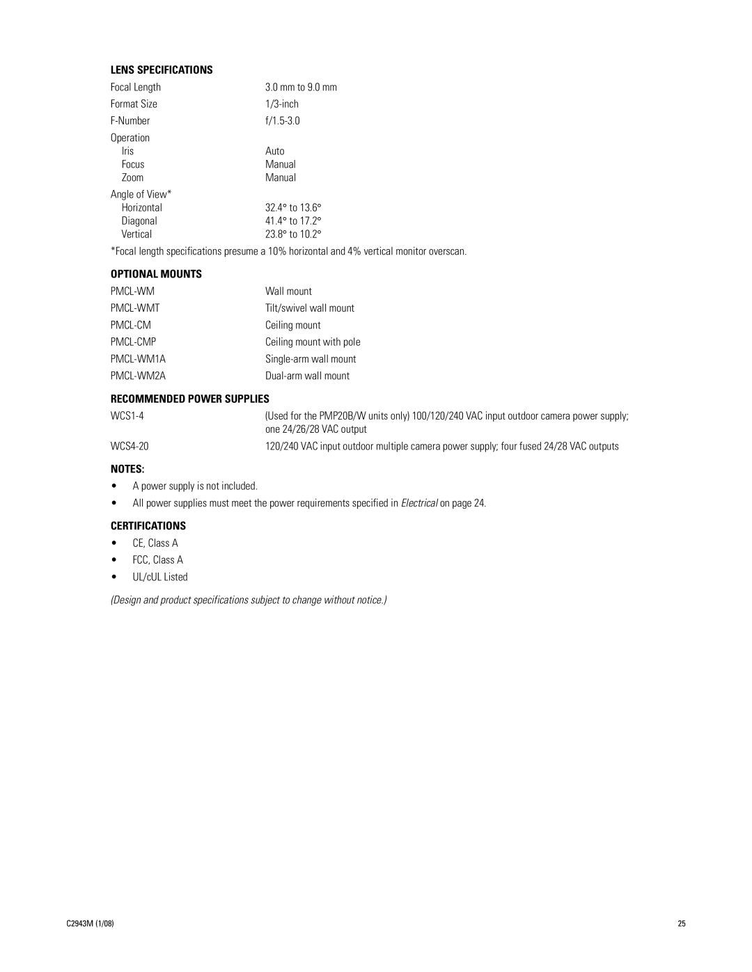 Pelco C2943M manual Lens Specifications 