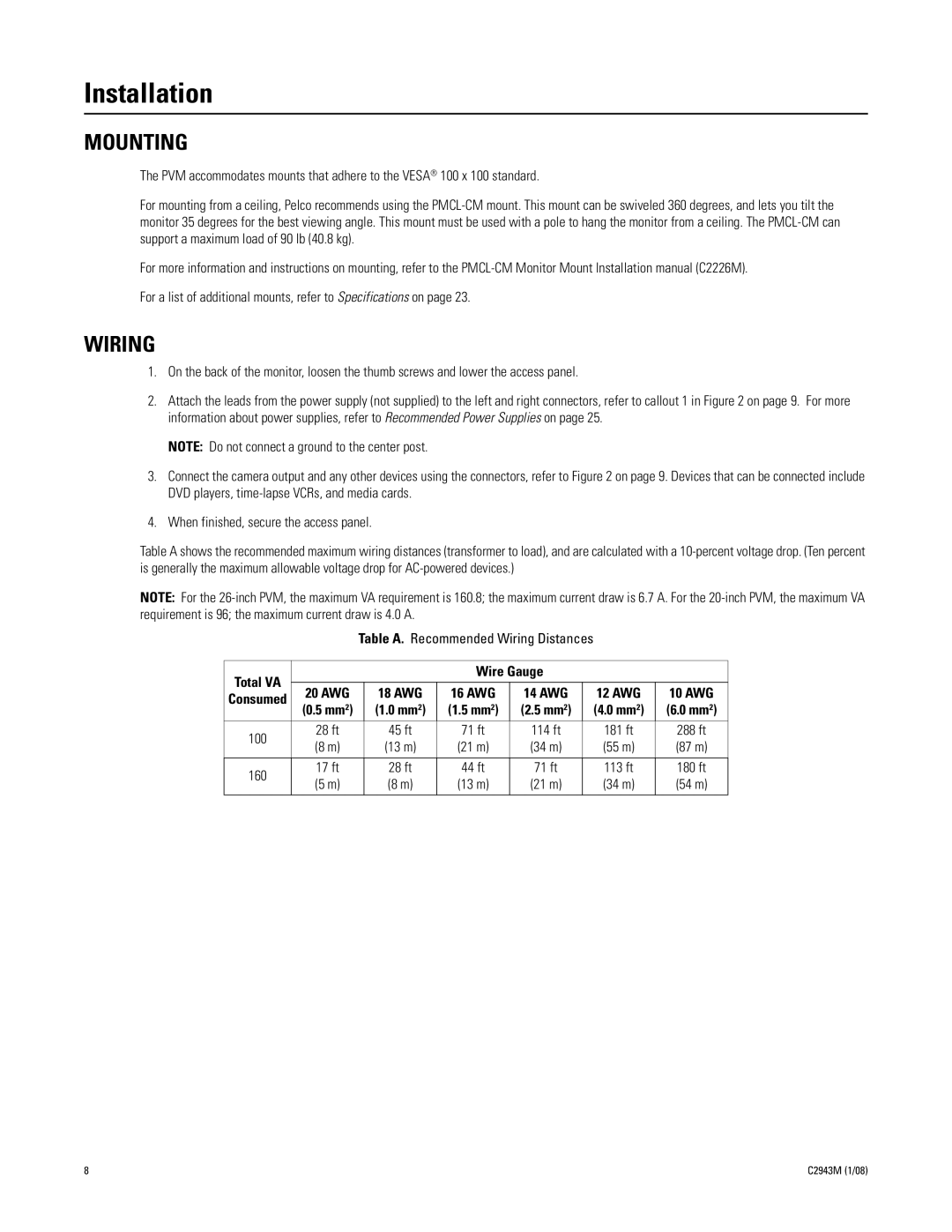 Pelco C2943M manual Installation, Mounting, Wiring 