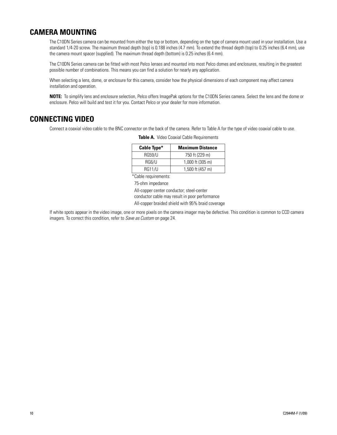 Pelco C2944M-F (1/09) manual Camera Mounting, Connecting Video, Table A. Video Coaxial Cable Requirements 