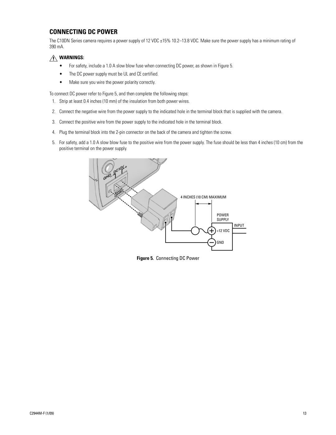 Pelco C2944M-F (1/09) manual Connecting DC Power 