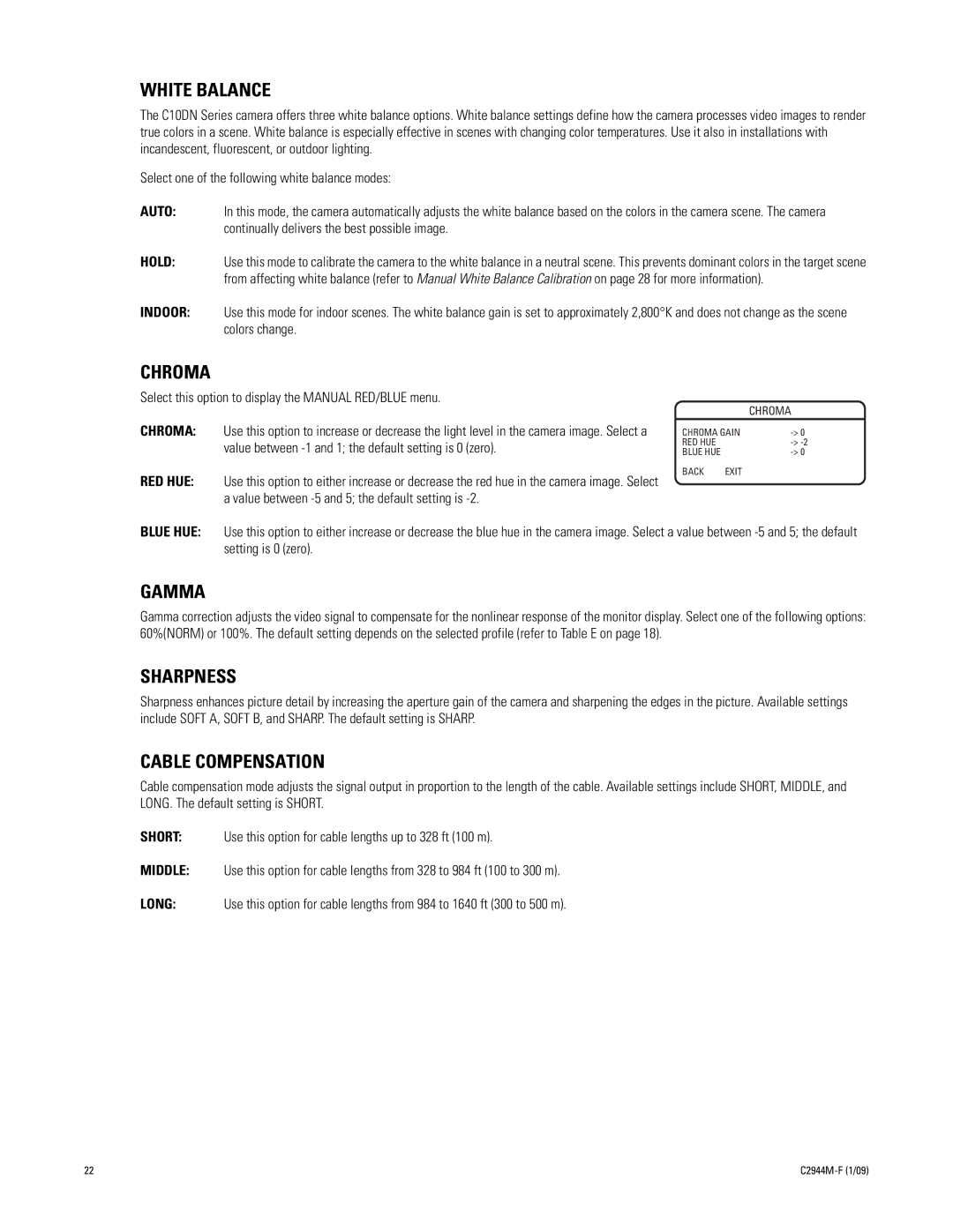 Pelco C2944M-F (1/09) manual White Balance, Chroma, Gamma, Sharpness, Cable Compensation 
