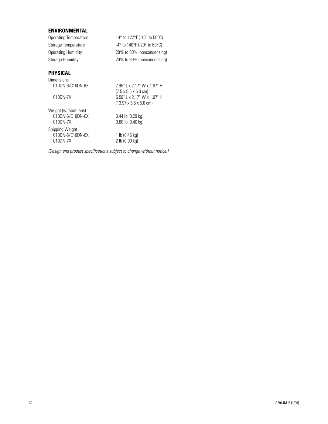 Pelco C2944M-F (1/09) manual Operating Temperature, Storage Temperature, Operating Humidity, Storage Humidity, C10DN-7X 