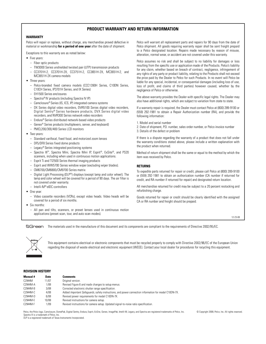 Pelco C2944M-F (1/09) manual Product Warranty and Return Information 