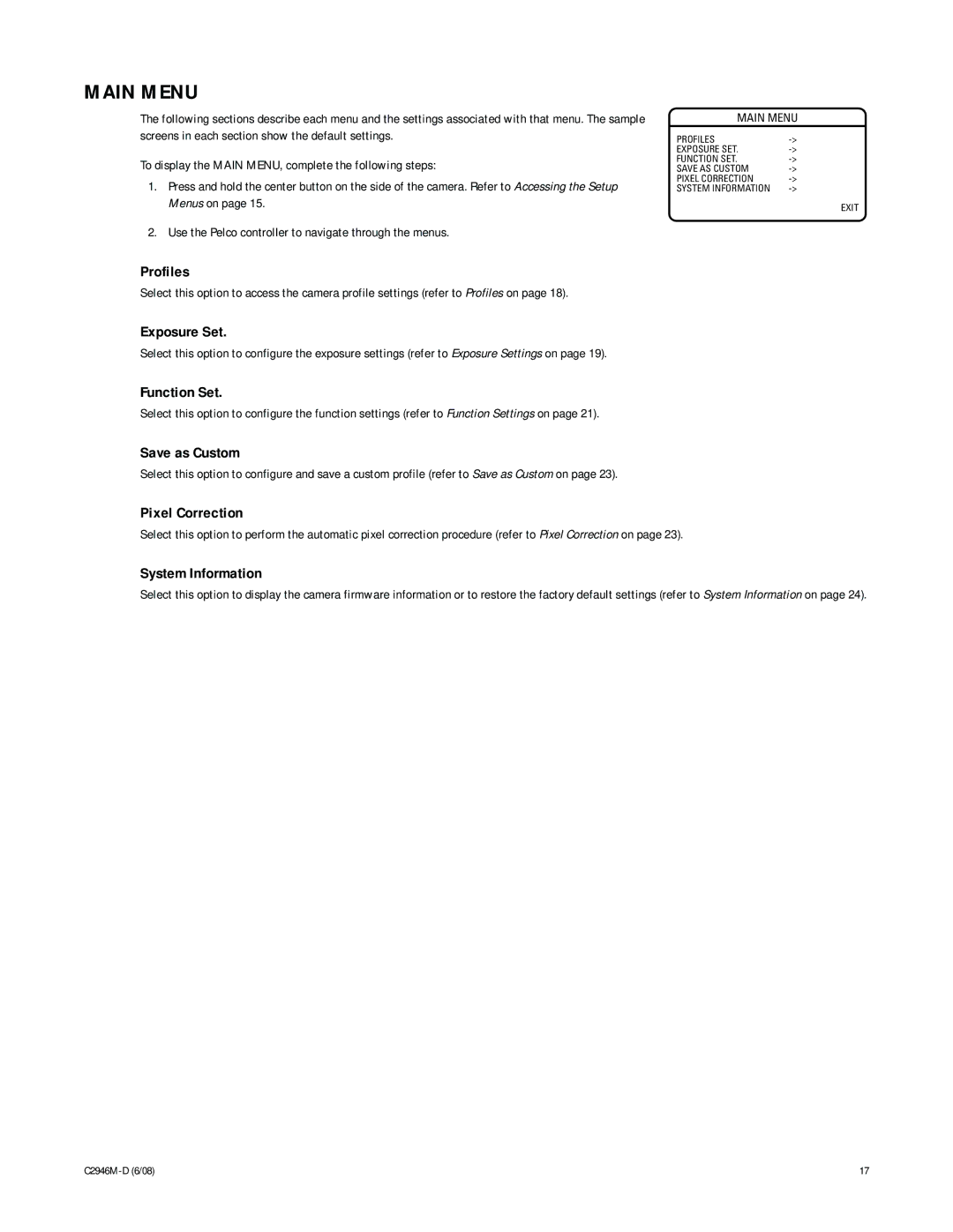 Pelco C2946M-D manual Main Menu 