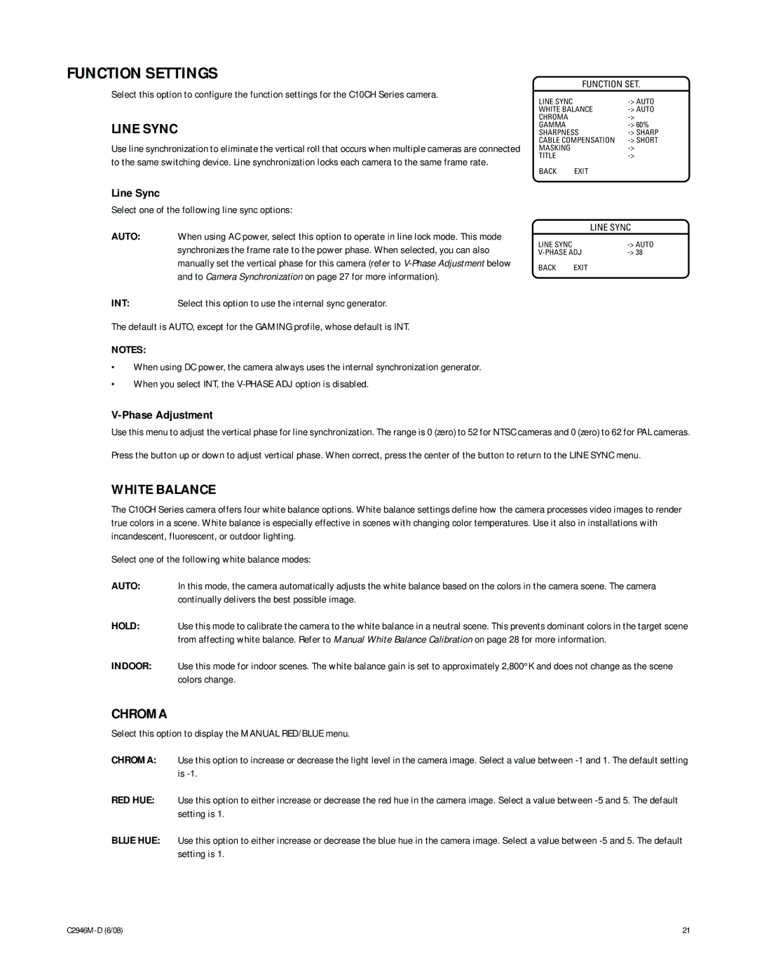 Pelco C2946M-D manual Function Settings, Line Sync, White Balance, Chroma 