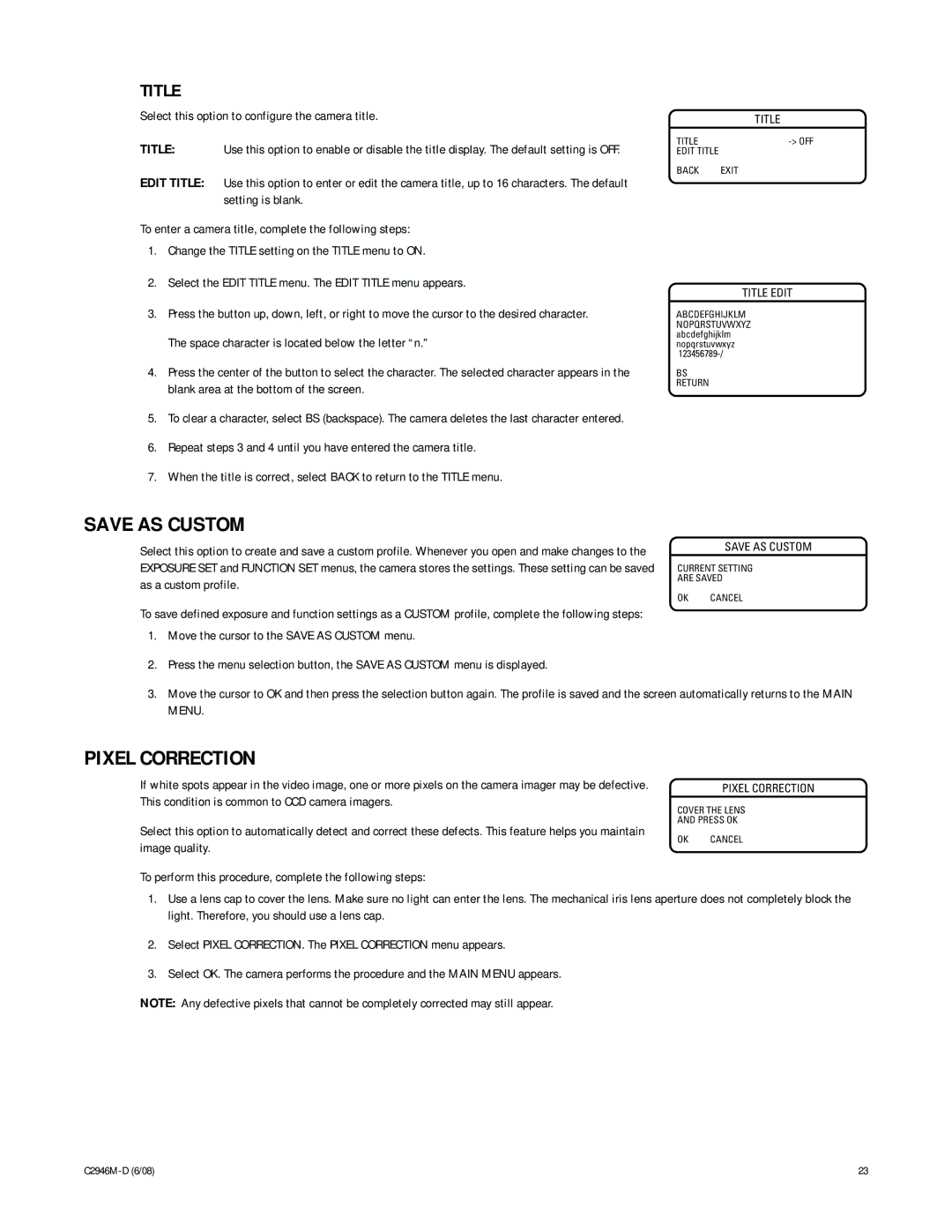 Pelco C2946M-D manual Save AS Custom, Pixel Correction, Title 