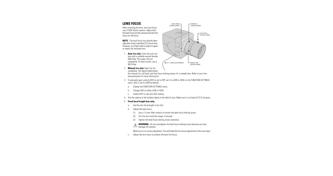 Pelco C2946M operation manual Lens Focus, Fixed focal length lens only 