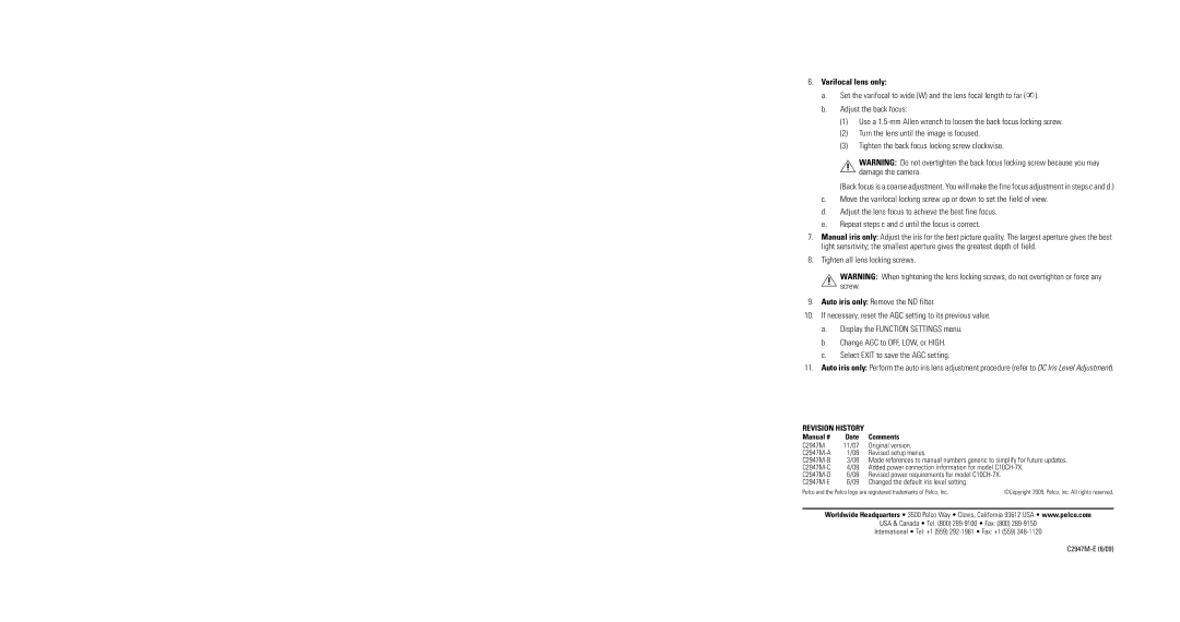 Pelco C2946M operation manual Varifocal lens only, Revision History 